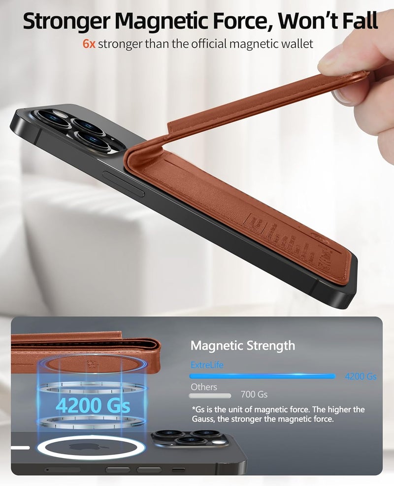 ExtreLife For Magsafe Wallet, Works with Apple Find My, Strongest Magnetic Wallet for iPhone 17/16/15/14/13/12 Series, WalletTracker with Adjustable Stand, 6 Cards Holder, Vegan Leather, Brown - Image 4